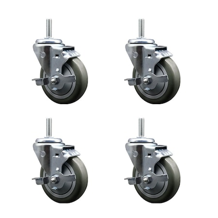 Service Caster 4 Inch Gray Polyurethane Wheel Swivel 34 Inch Threaded Stem Caster Set with Brake SCC SCC-TS20S414-PPUB-TLB-34212-4